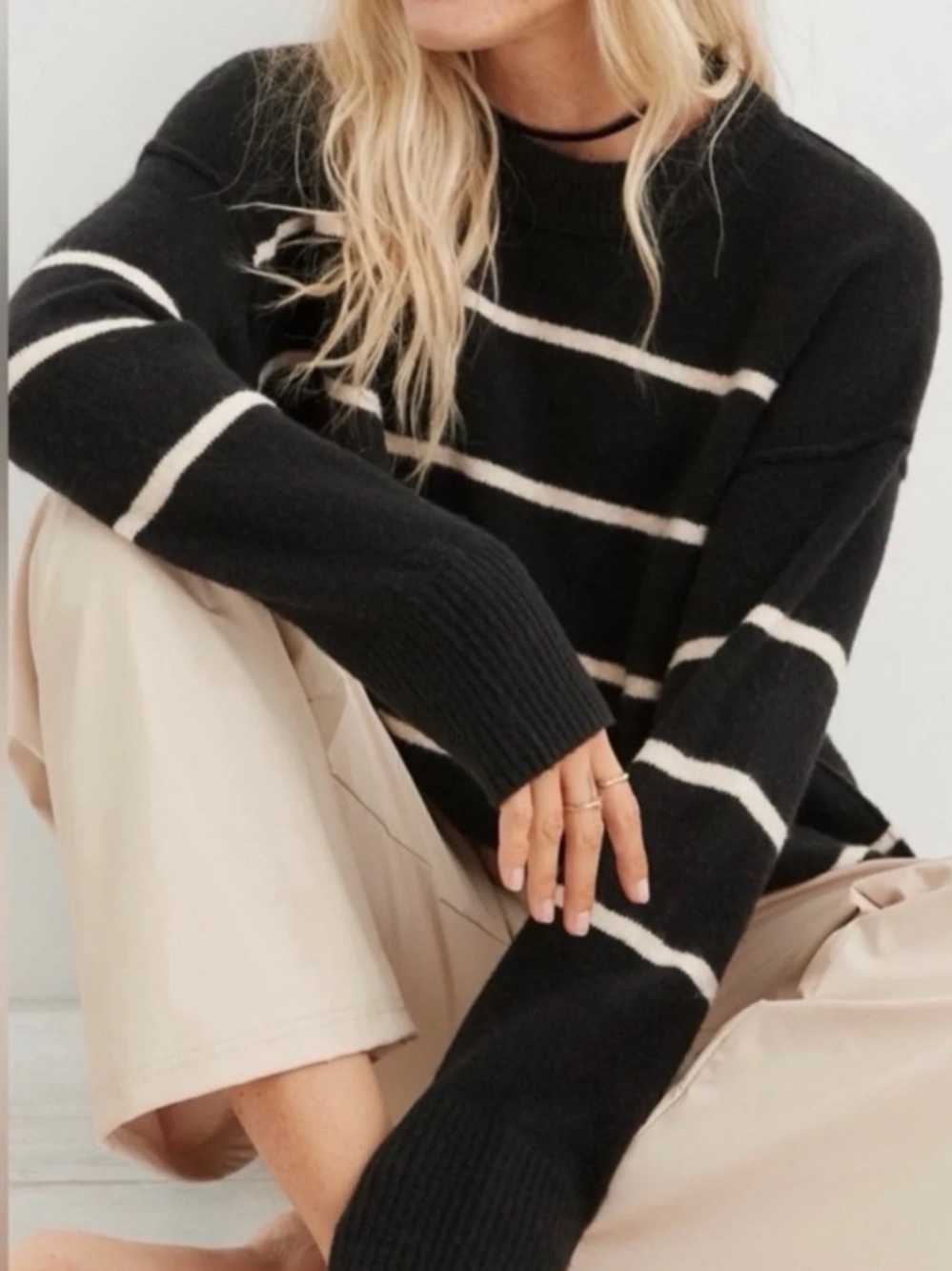 Aerie Crewneck Black Striped Oversized Slouchy Sweater Size XL Boho Comfy